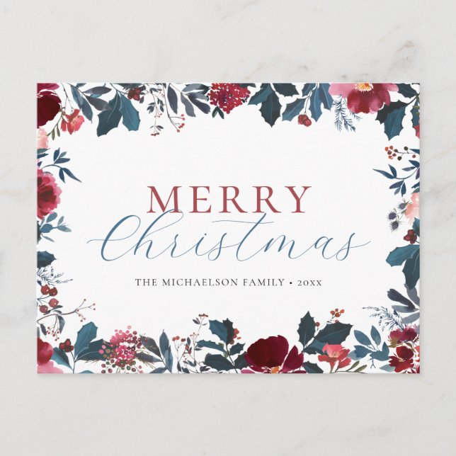 Cartes Pour Fêtes Annuelles Joyeux Noël bleu vert Holly (Devant)