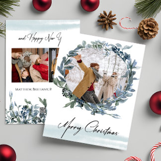 Cartes Pour Fêtes Annuelles Joyeux Noël Blue Wreath Photo Holiday Card