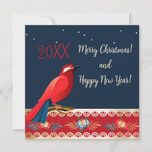 Cartes Pour Fêtes Annuelles Joyeux Noël Bonne Année! Fleurs d'oiseau rouge