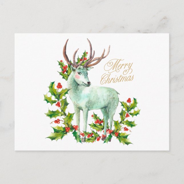 Cartes Pour Fêtes Annuelles Joyeux Noël Boodland Deer et Holly Berry (Devant)