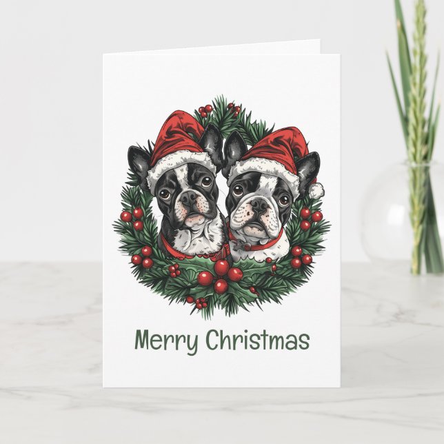 Cartes Pour Fêtes Annuelles Joyeux Noël Boston Terrier Chiens de vacances Wrea (Devant)
