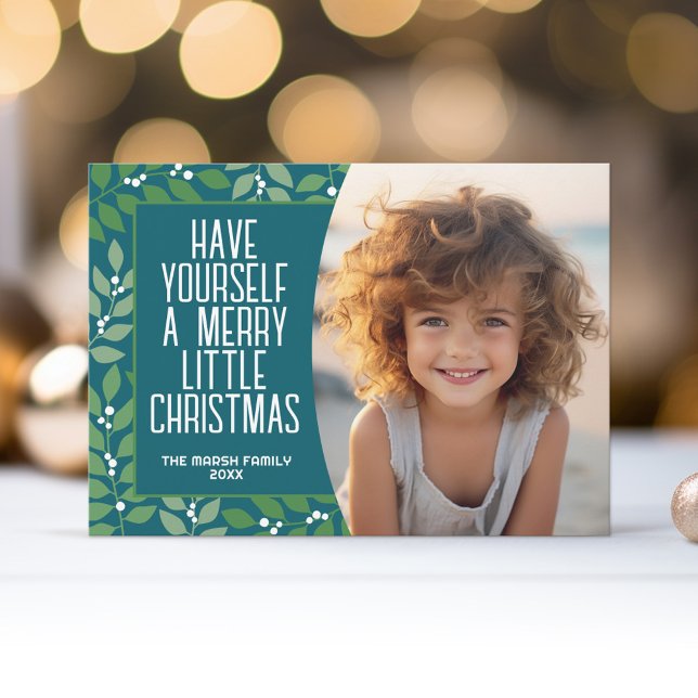Cartes Pour Fêtes Annuelles Joyeux Noël botanique moderne - Turquoise (A modern Christmas card with simple botanical leaves in teal and sage green. 1 Photo)