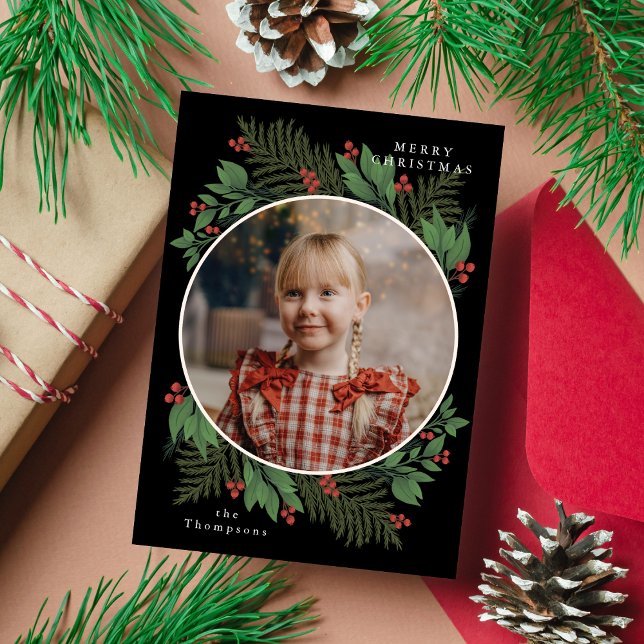 Cartes Pour Fêtes Annuelles Joyeux Noël Botanique Photo Verdure Wreath (Créateur téléchargé)