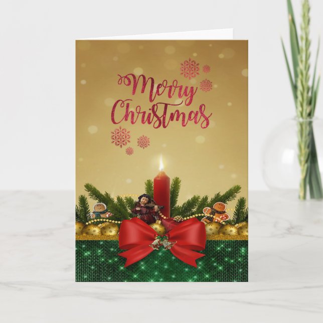 Cartes Pour Fêtes Annuelles Joyeux Noël, Bougie Rouge Bow, Branches de pins (Devant)