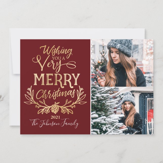 Cartes Pour Fêtes Annuelles Joyeux Noël Bourgogne Gold Festive famille Photo (Devant)