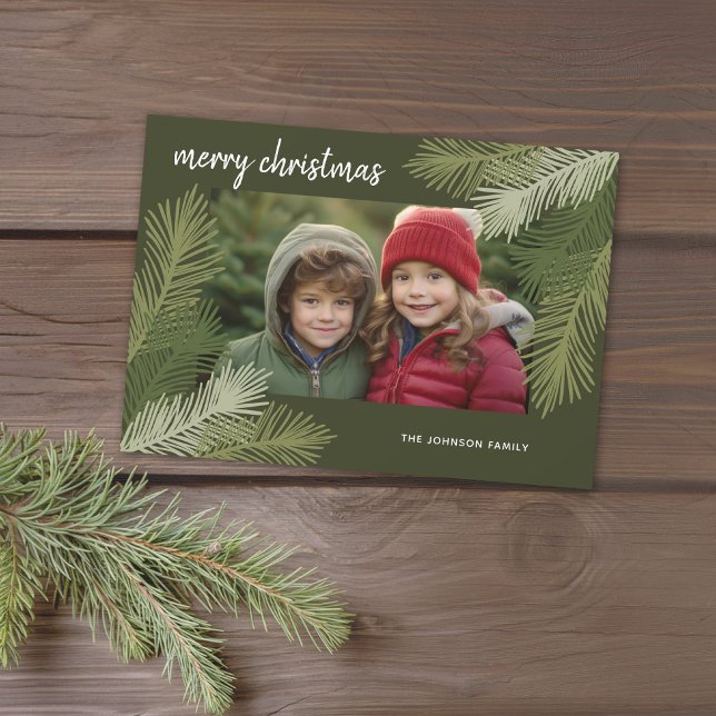 Cartes Pour Fêtes Annuelles Joyeux Noël - Branches Whimsica Photo moderne (Green Pine Branches and a place for 1 photo - download option available)