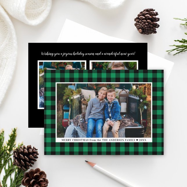 Cartes Pour Fêtes Annuelles Joyeux Noël Buffle vert Plaid Photo (Créateur téléchargé)