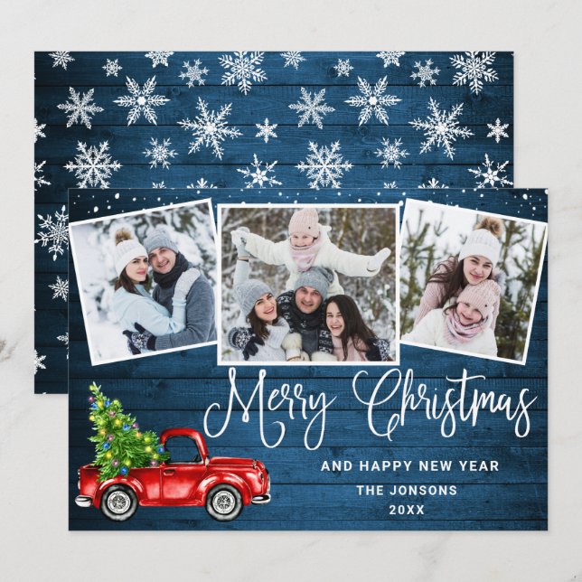 Cartes Pour Fêtes Annuelles Joyeux Noël Camion de ferme rouge 3 Photo (Devant / Derrière)