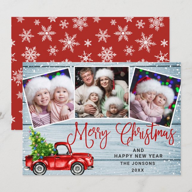 Cartes Pour Fêtes Annuelles Joyeux Noël Camion de ferme rouge 3 Photo (Devant / Derrière)