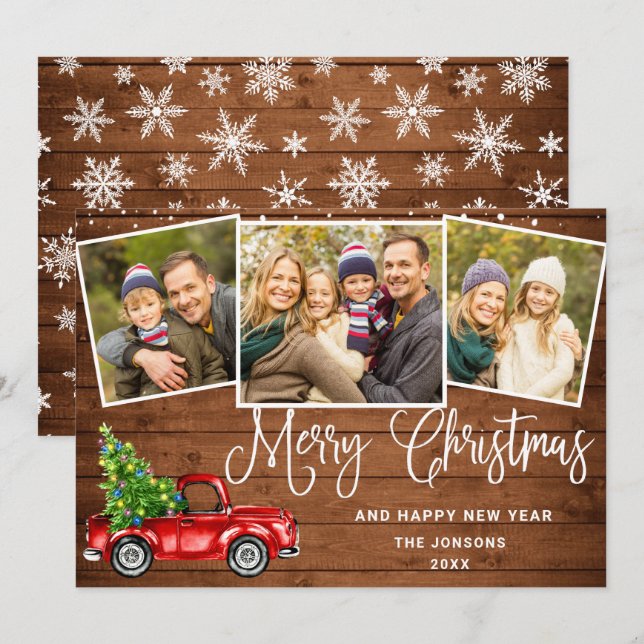 Cartes Pour Fêtes Annuelles Joyeux Noël Camion de ferme rouge 3 Photo (Devant / Derrière)