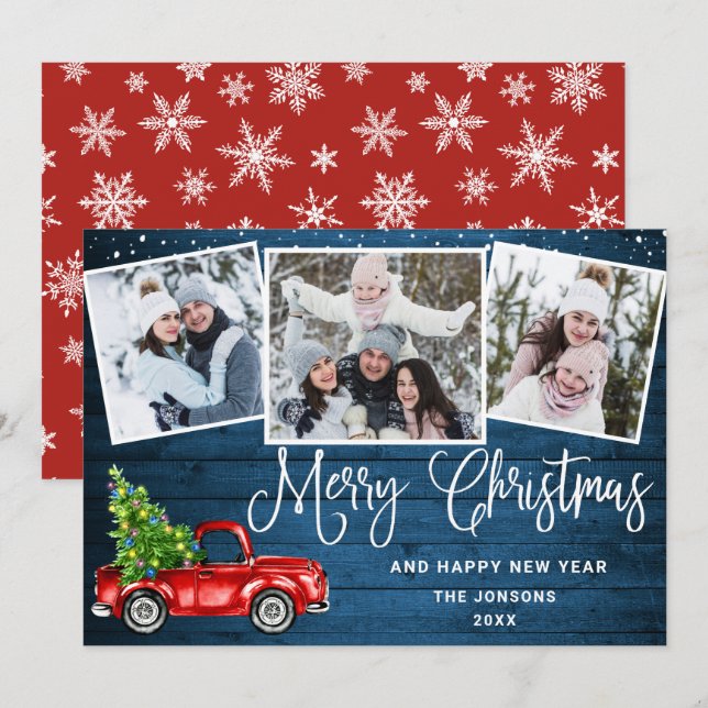Cartes Pour Fêtes Annuelles Joyeux Noël Camion de ferme rouge 3 Photo (Devant / Derrière)