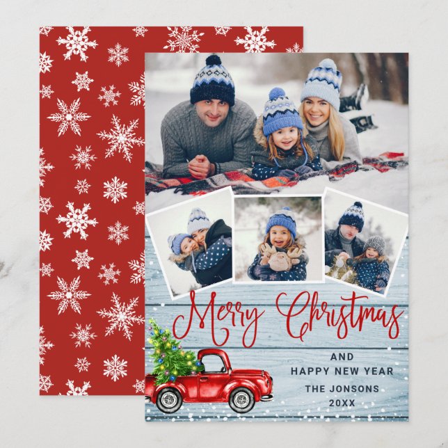 Cartes Pour Fêtes Annuelles Joyeux Noël Camion de ferme rouge 4 Photo (Devant / Derrière)