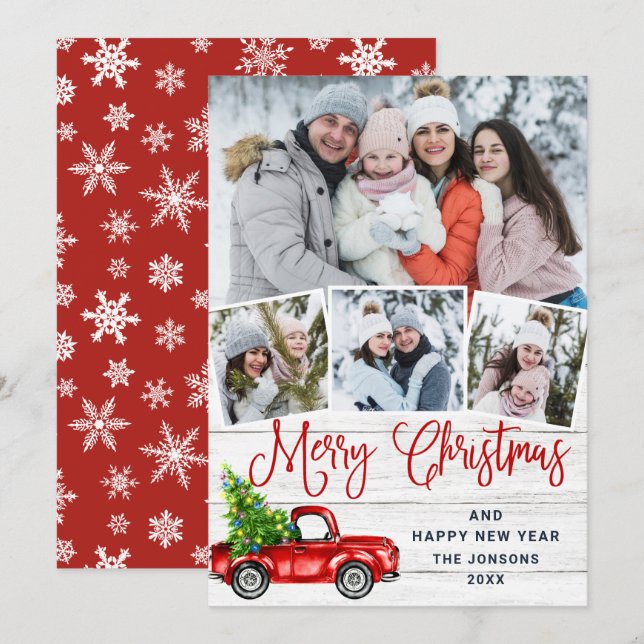 Cartes Pour Fêtes Annuelles Joyeux Noël Camion de ferme rouge 4 Photo (Devant / Derrière)