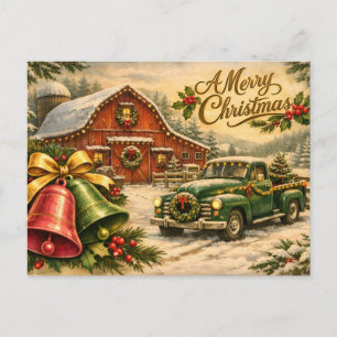 Cartes Pour Fêtes Annuelles Joyeux Noël camion vintage, grange et cloches