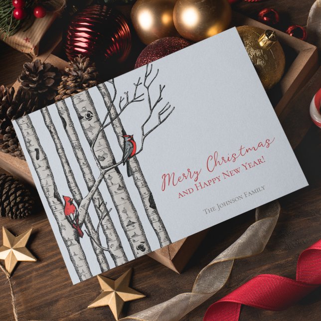 Cartes Pour Fêtes Annuelles Joyeux Noël Cardinals Branches de bijoux Photo (Elegant & Modern Hand-Drawn Merry Christmas Red Cardinal Birds Perched on Birch Tree Branches.)