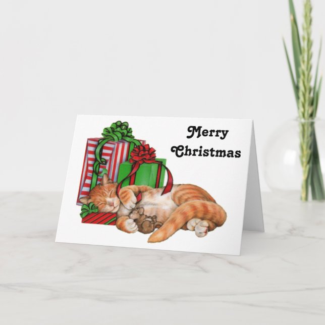 Cartes Pour Fêtes Annuelles Joyeux Noël Chat, souris et cadeaux de Noël (Devant)