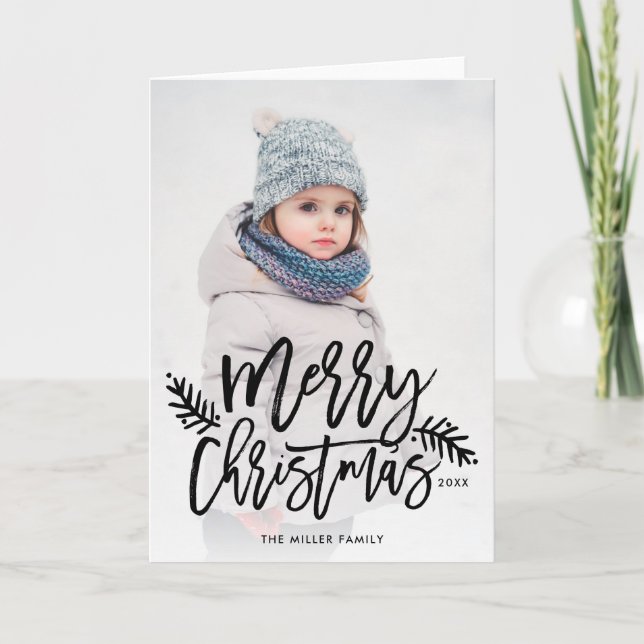Cartes Pour Fêtes Annuelles Joyeux Noël Chic Main Lettré Photo de vacances (Devant)