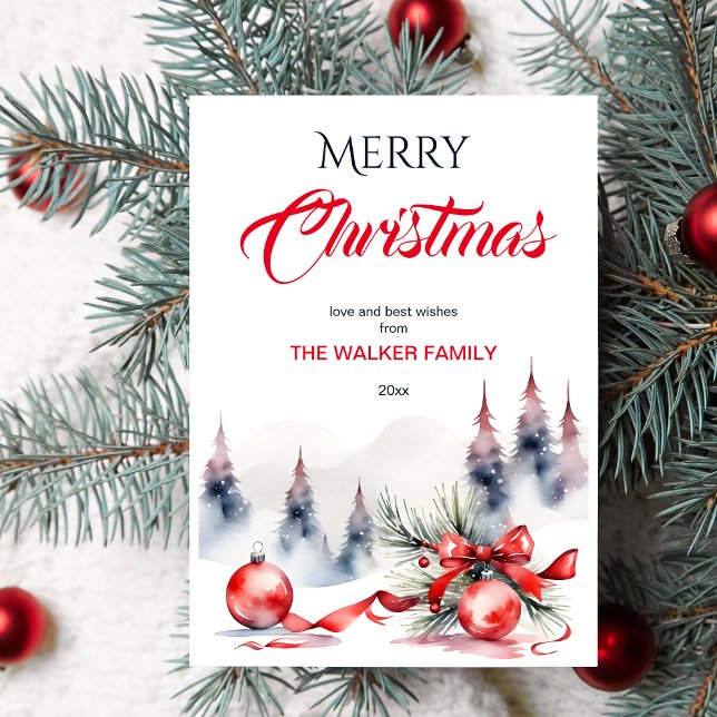 Cartes Pour Fêtes Annuelles Joyeux Noël classique Baubles rouges et pins (Merry Christmas traditional classic red baubles and snowy pines greeting card template digital downl)