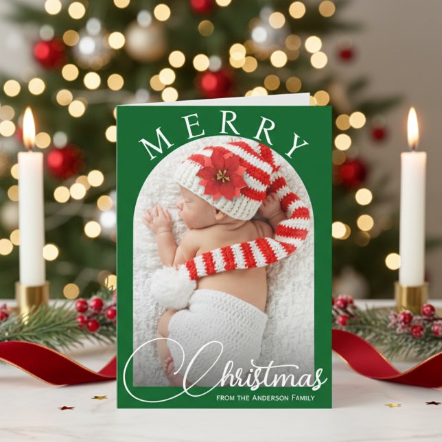 Cartes Pour Fêtes Annuelles Joyeux Noël classique Green & White Photo de famil (Merry Christmas Classic Green & White Family Photo Holiday Card)