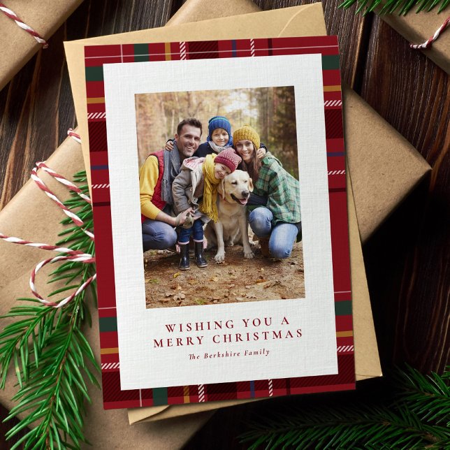Cartes Pour Fêtes Annuelles Joyeux Noël classique rouge plaid une photo (Créateur téléchargé)