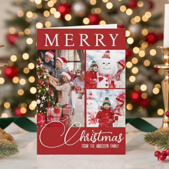Cartes Pour Fêtes Annuelles Joyeux Noël Classique Trois Photo Rouge Et Blanc (Classic Merry Christmas Three Photo Red And White Holiday Card)