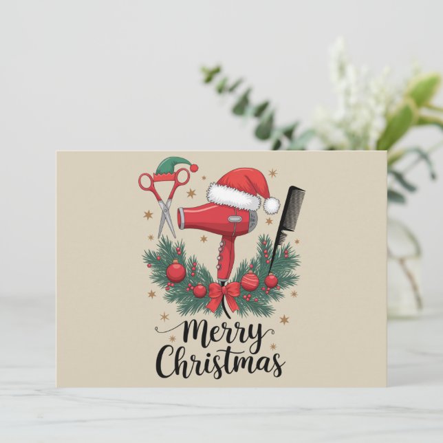 Cartes Pour Fêtes Annuelles Joyeux Noël Coiffeur Coiffeuse Noël Cheveux  (Debout devant)