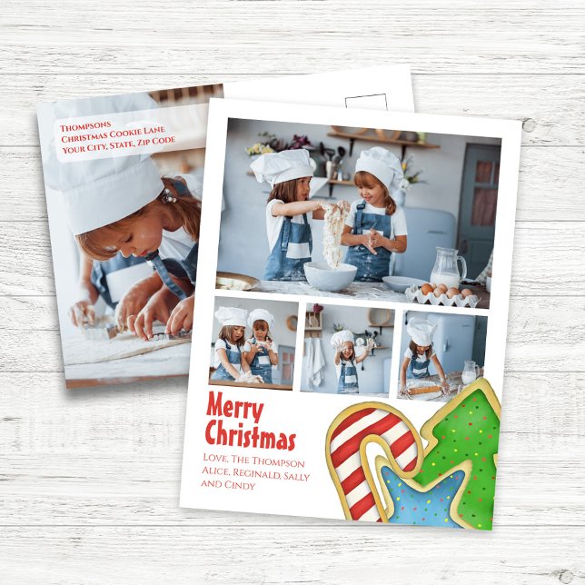 Cartes Pour Fêtes Annuelles Joyeux Noël Cookie Photo Collage Salutation (Merry Christmas Holiday Photo Postcard Template with watercolor Christmas Cookies,)