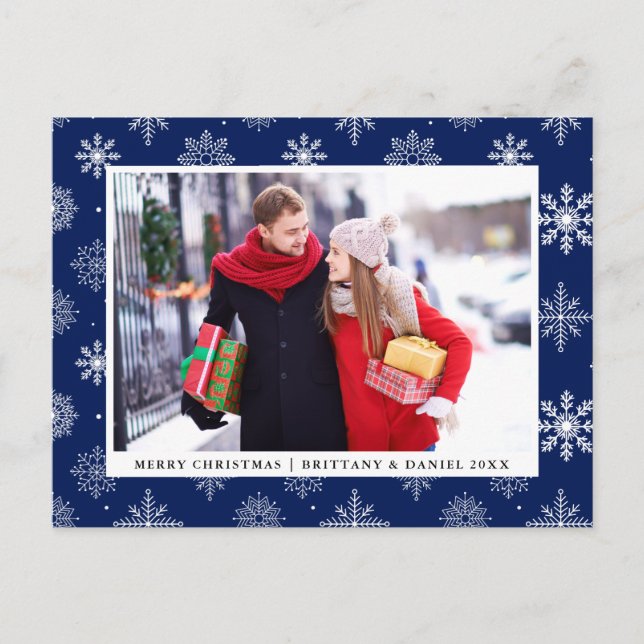 Cartes Pour Fêtes Annuelles Joyeux Noël Couple photo Snowflakes Bleu (Devant)