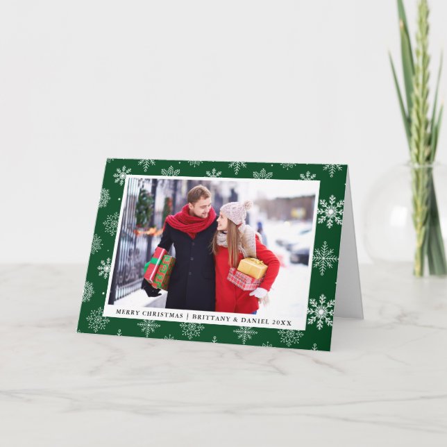 Cartes Pour Fêtes Annuelles Joyeux Noël Couple Photo Snowflakes Green (Devant)