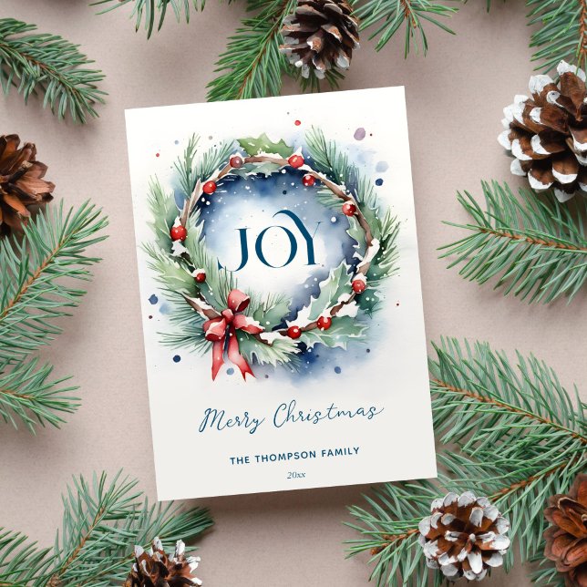 Cartes Pour Fêtes Annuelles Joyeux Noël couronne de pin classique aquarelle (Classical merry Christmas greeting card template digital download modern watercolor pine wreath)
