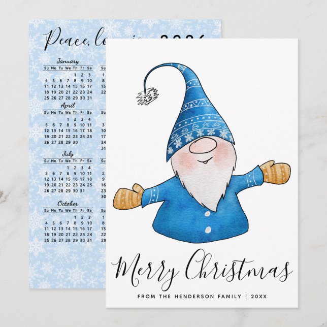 Cartes Pour Fêtes Annuelles Joyeux Noël Cute Gnome en Bleu Calendrier 2026 (Devant / Derrière)