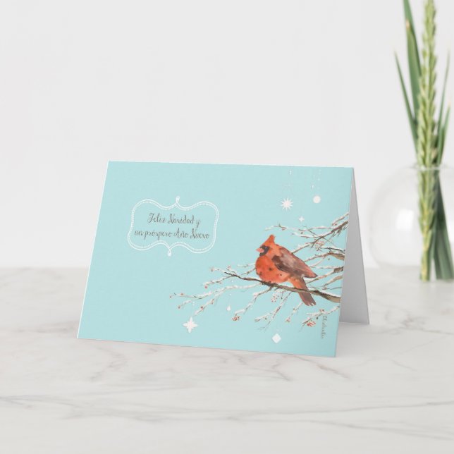 Cartes Pour Fêtes Annuelles Joyeux Noël dans l'Espagnol, oiseau cardinal (Devant)