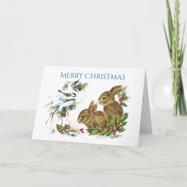 Cartes Pour Fêtes Annuelles Joyeux Noël de deux lapins mignons (Devant)