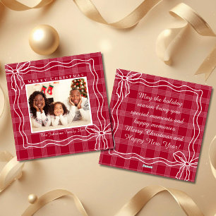 Cartes Pour Fêtes Annuelles joyeux noël doodé arc photo blanc rouge plaid