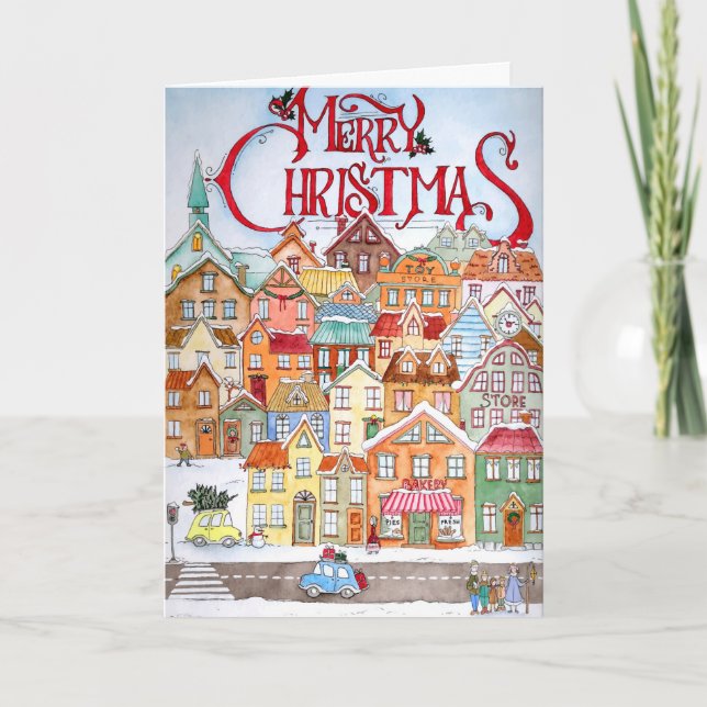 Cartes Pour Fêtes Annuelles Joyeux Noël drôle Whimsical mignonne ville d'hiver (Devant)