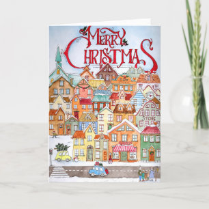 Cartes Pour Fêtes Annuelles Joyeux Noël drôle Whimsical mignonne ville d'hiver