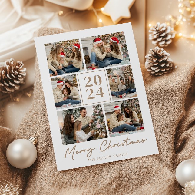 Cartes Pour Fêtes Annuelles Joyeux Noël Elégant Beige Famille Photo Collage (Créateur téléchargé)