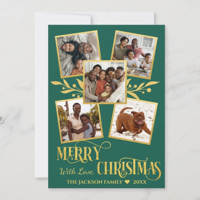 Cartes Pour Fêtes Annuelles Joyeux Noël Elegant Gold Green Photo Collage  (Devant)