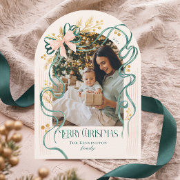 Cartes Pour Fêtes Annuelles Joyeux Noël Élégant Photo à Arc de Ruban Vert Rose