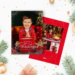 Cartes Pour Fêtes Annuelles Joyeux Noël élégant rouge quatre photo cadre neige