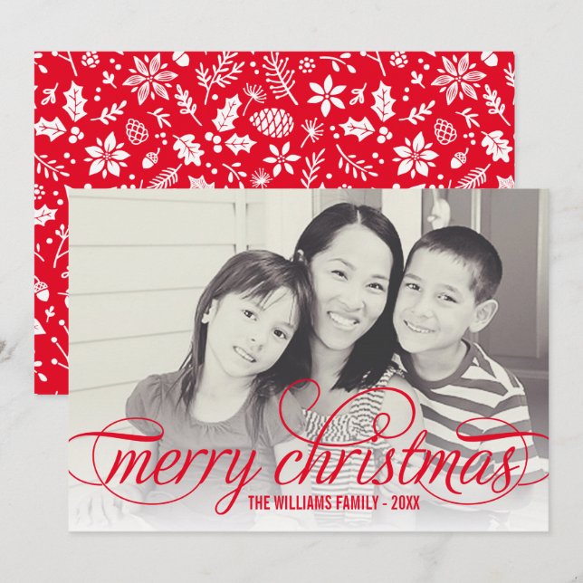 Cartes Pour Fêtes Annuelles Joyeux Noël Élégant Rouge Script Photo Overlay (Devant / Derrière)