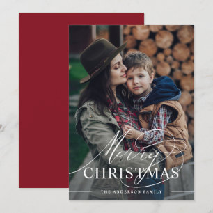 Cartes Pour Fêtes Annuelles Joyeux Noël   Élégant script photo Merlot rouge