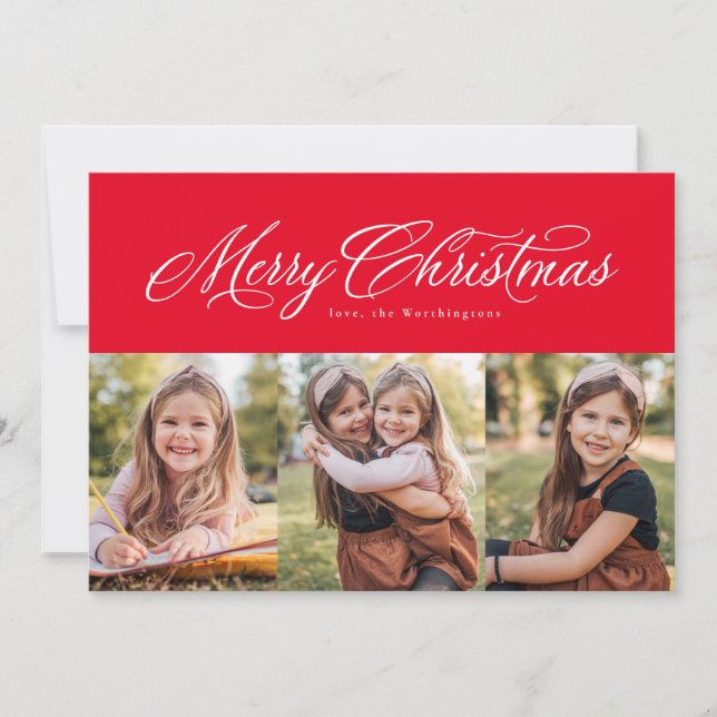 Cartes Pour Fêtes Annuelles Joyeux Noël élégant trois photo rouge (Devant)