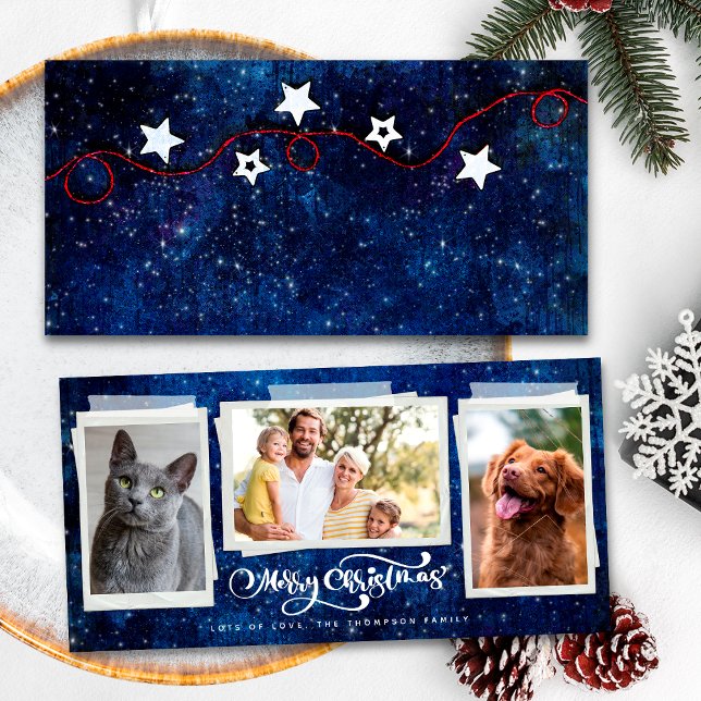 Cartes Pour Fêtes Annuelles Joyeux Noël étoilé Nuit 3 Photo Collage (Front / Back)