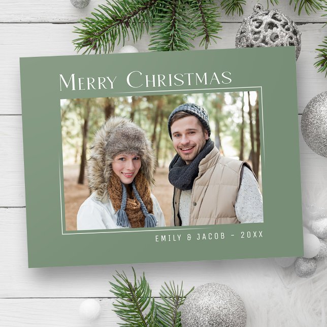 Cartes Pour Fêtes Annuelles Joyeux Noël Famille moderne Photo Elegant Vert (Créateur téléchargé)