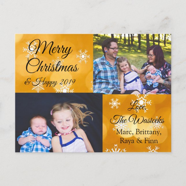 Cartes Pour Fêtes Annuelles Joyeux Noël Famille Photo Gold Snowflakes (Devant)