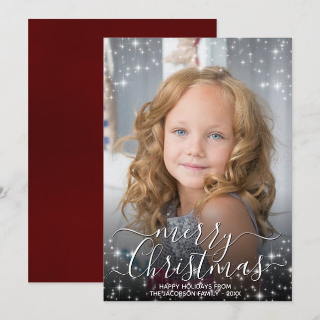 Cartes Pour Fêtes Annuelles Joyeux Noël Festif Étincelles Photo Overlay Rouge (Devant / Derrière)