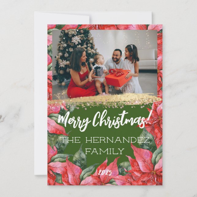 Cartes Pour Fêtes Annuelles Joyeux Noël Festif Poinsettia Photo de famille (Devant)