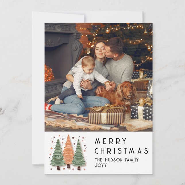 Cartes Pour Fêtes Annuelles Joyeux Noël Festive Arbres Simple Photo Holiday (Devant)