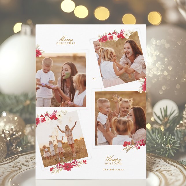 Cartes Pour Fêtes Annuelles joyeux noël fleuri botanique multi photo heureux (Créateur téléchargé)